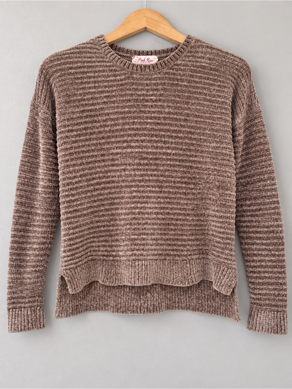 Pink Rose XS Chenille Sweater brown Taupe Ribbed High Low Hem Crew Neck